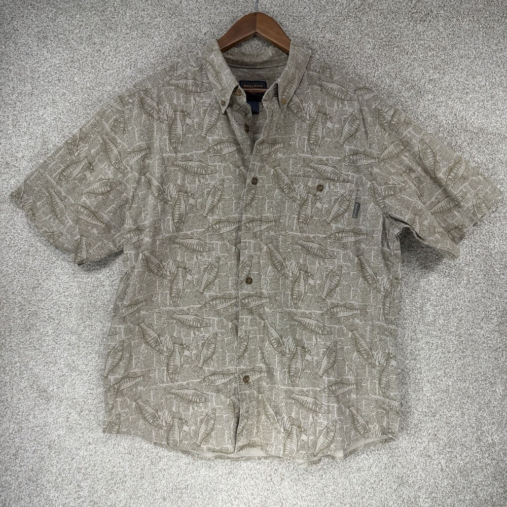 90s Woolrich Shirt L All‎ Over Fish Print Hawaii Casual Friday Outdoor Cotton SS
